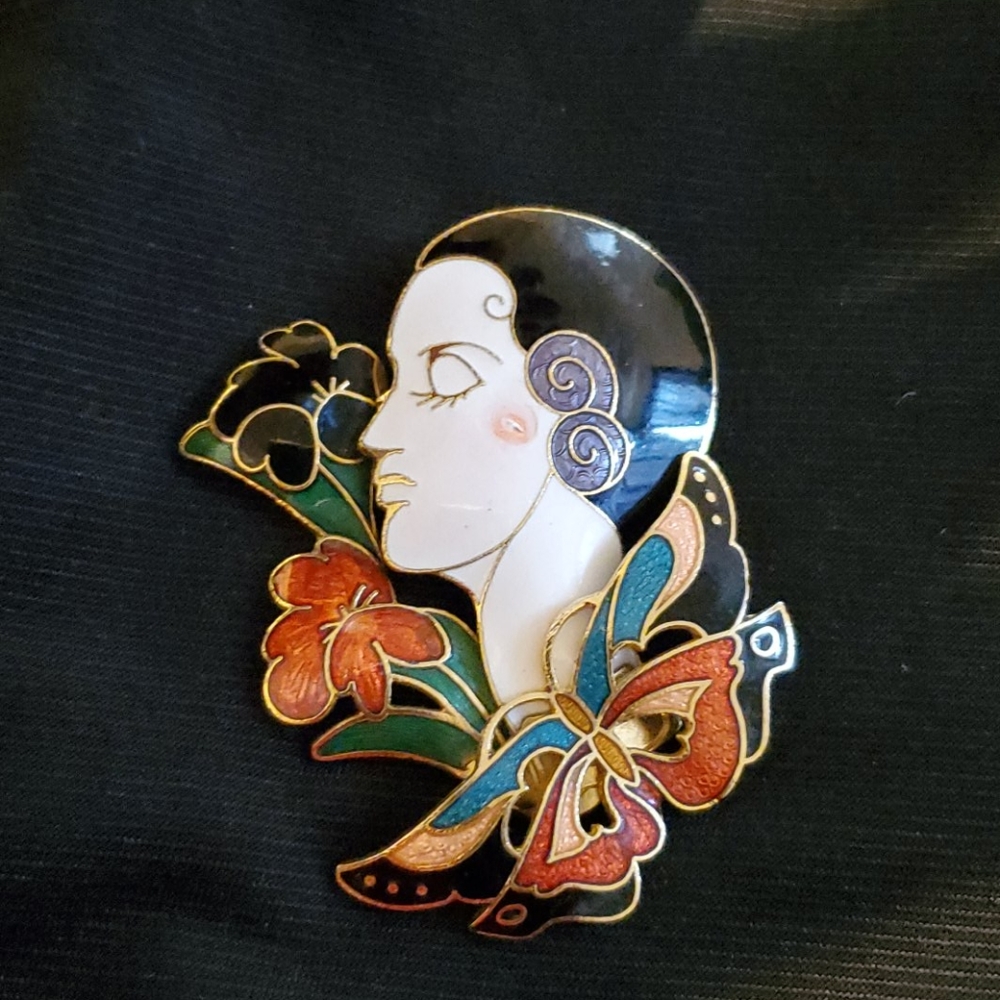 Vintage Madame Butterfly Enamel Brooch Pin Art Deco